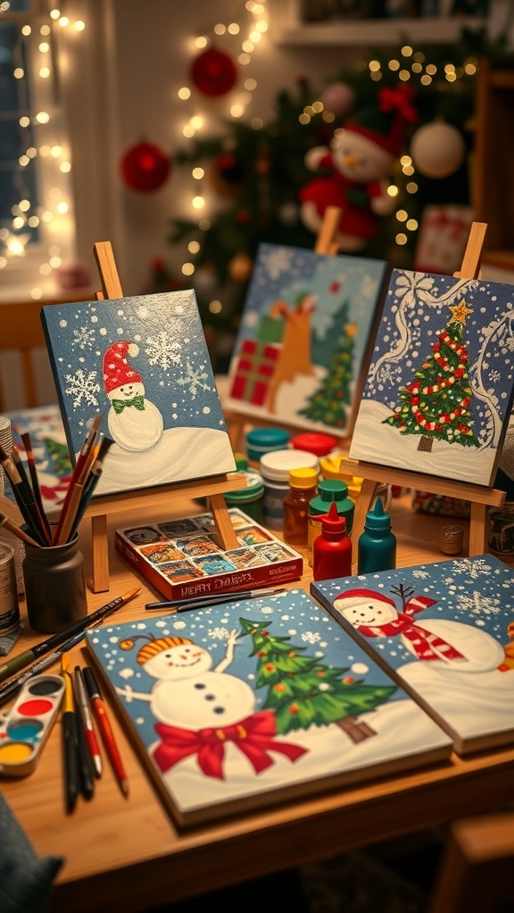 Easy DIY Christmas Paintings A crafting table with Christmas paintings, paint supplies, and holiday decorations.